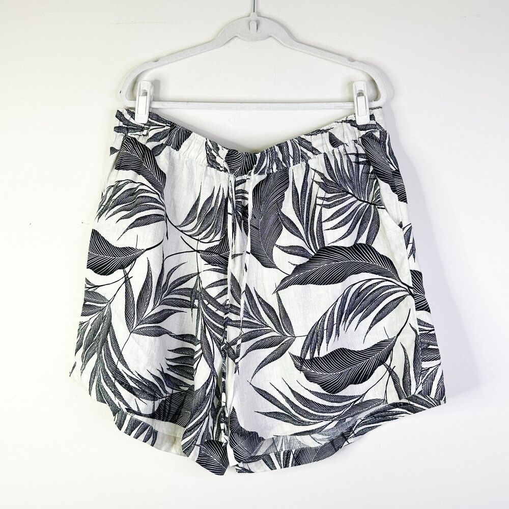 Tahari Shorts Women Plus 2X Black Ivory Palm 100% Linen Breezy Elastic Waist